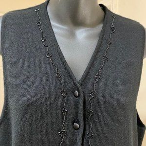 Chaus Black Beaded V-Neckline Vest ~ Size Medium